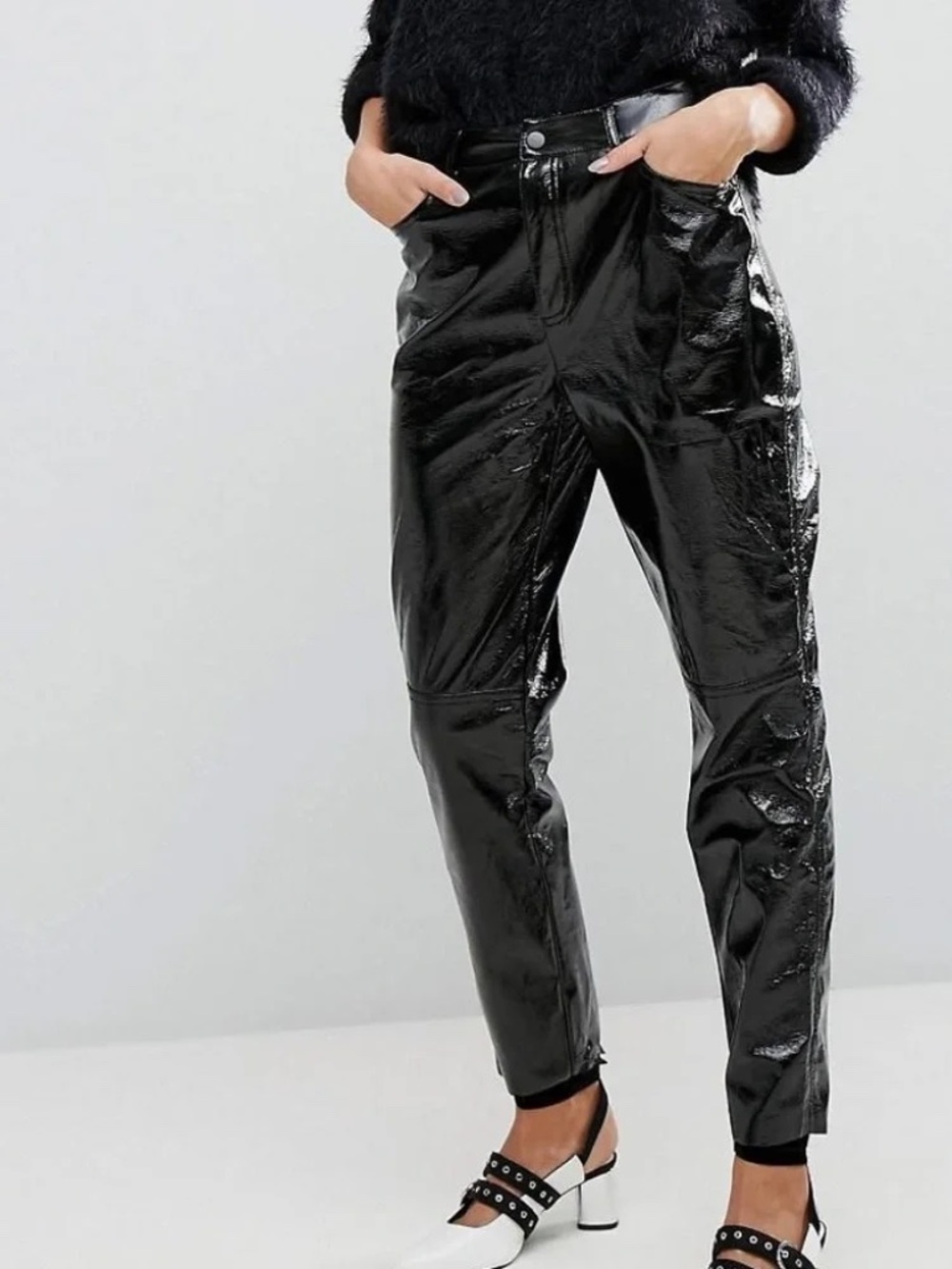 stradivarius zara black vinyl pleather pants five pocket jeans S waterproof
